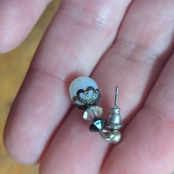 Moonstone Earrings Blue Rainbow Glass Bead Dangle Dainty Art Deco Victorian - Picture 4 of 6